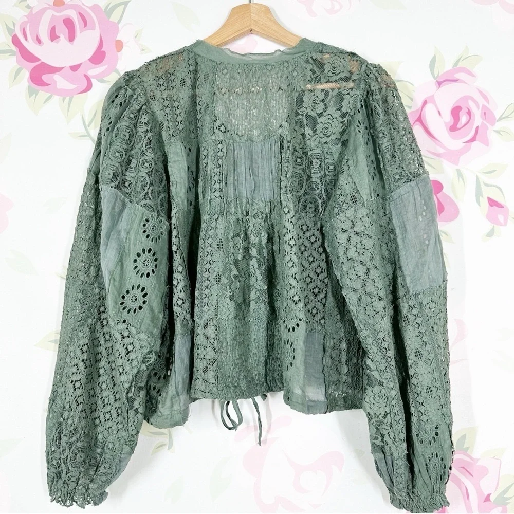 NEW Free People FP One Naya Lace Green Sea Spray Boho Blouse M